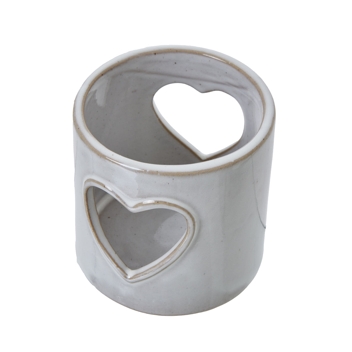 View from above of the ceramic candle holder, showing its open circular rim, speckled interior and heart-shaped openings on opposite sides.