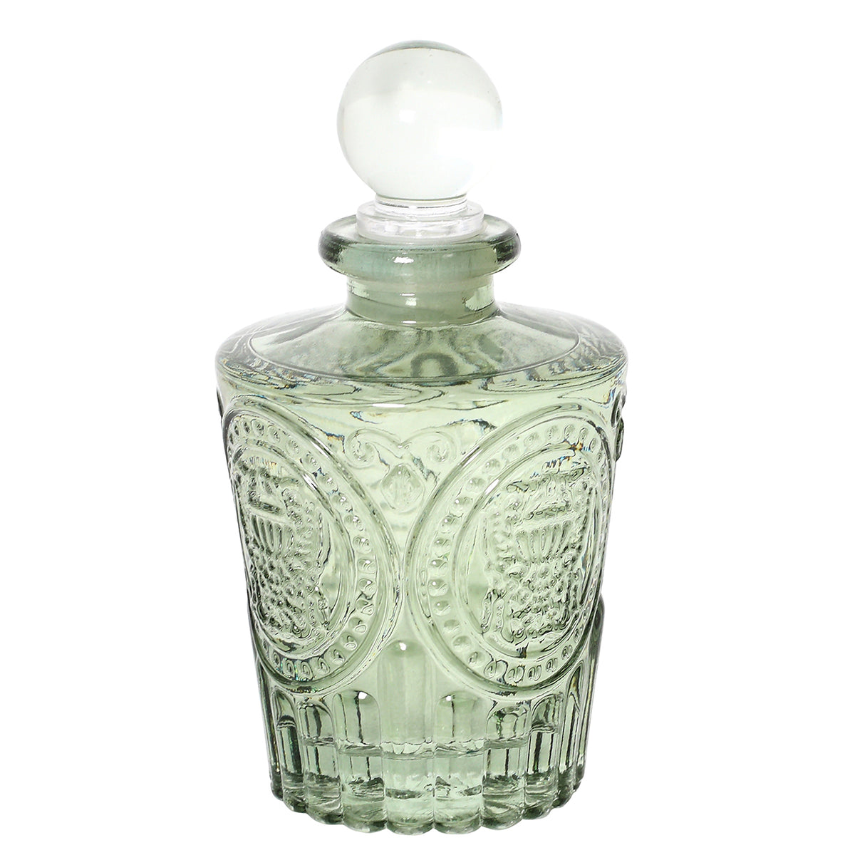 Pale green glass diffuser bottle with raised oval medallions, fluted lower section and clear spherical stopper fitted.