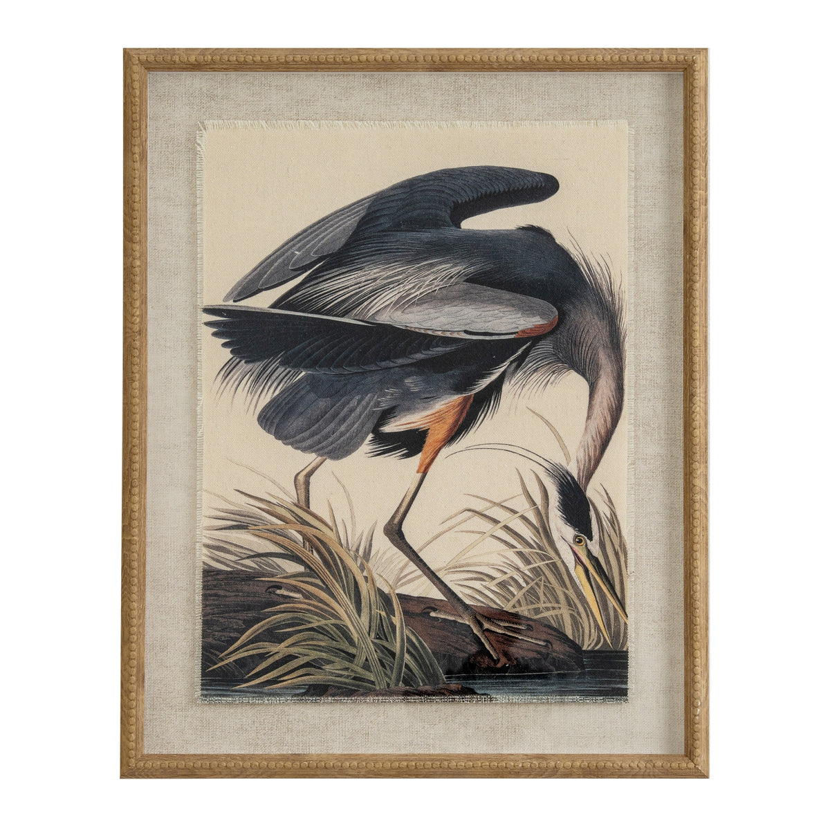 Front view of the Heron Among Reeds Framed Print, showing a dark heron bending towards the water, a pale textured surround and tan-gold beaded frame.