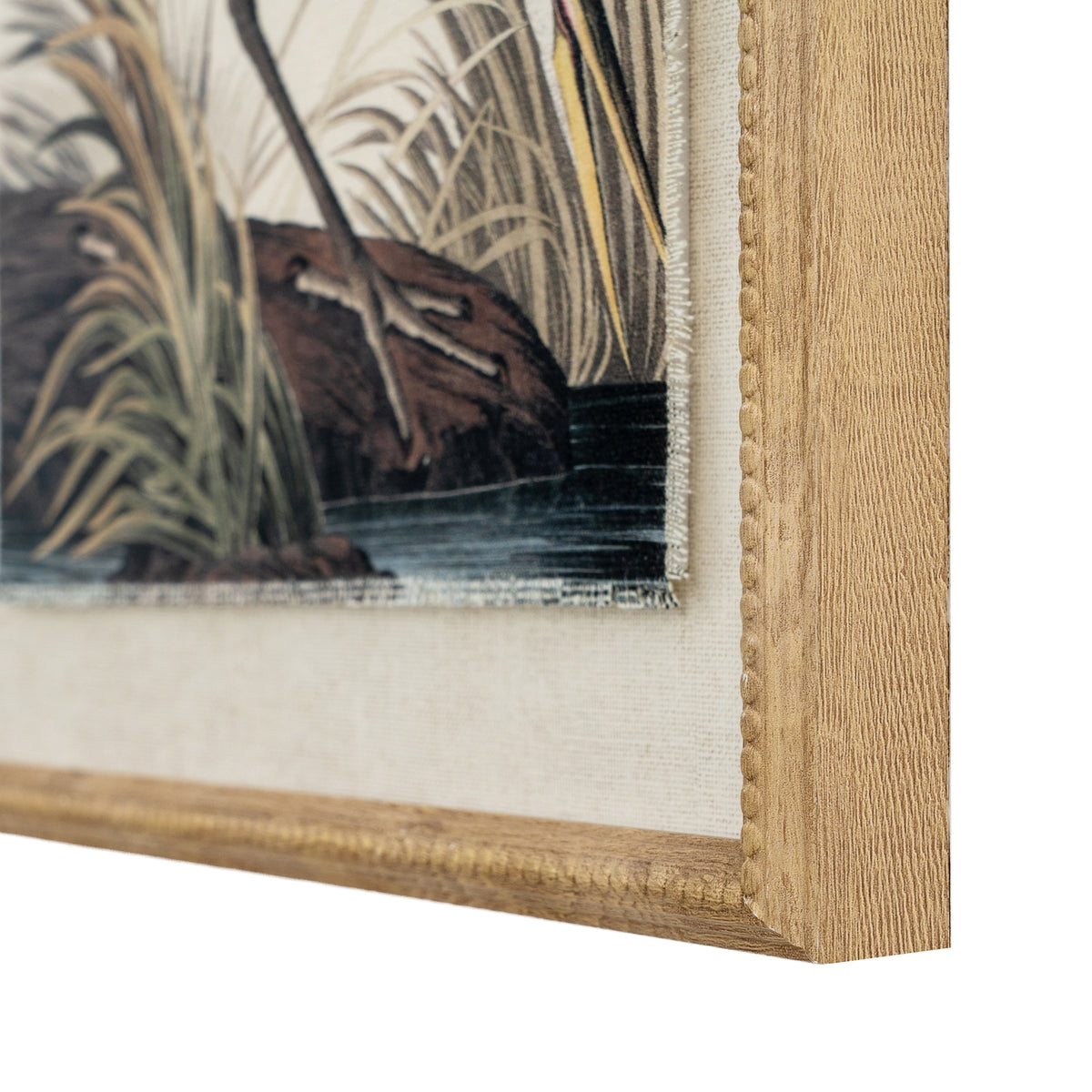 Close-up of the print's lower right corner, showing reeds and water beside the fringed-looking illustration edge, textured pale surround and beaded tan-gold frame.