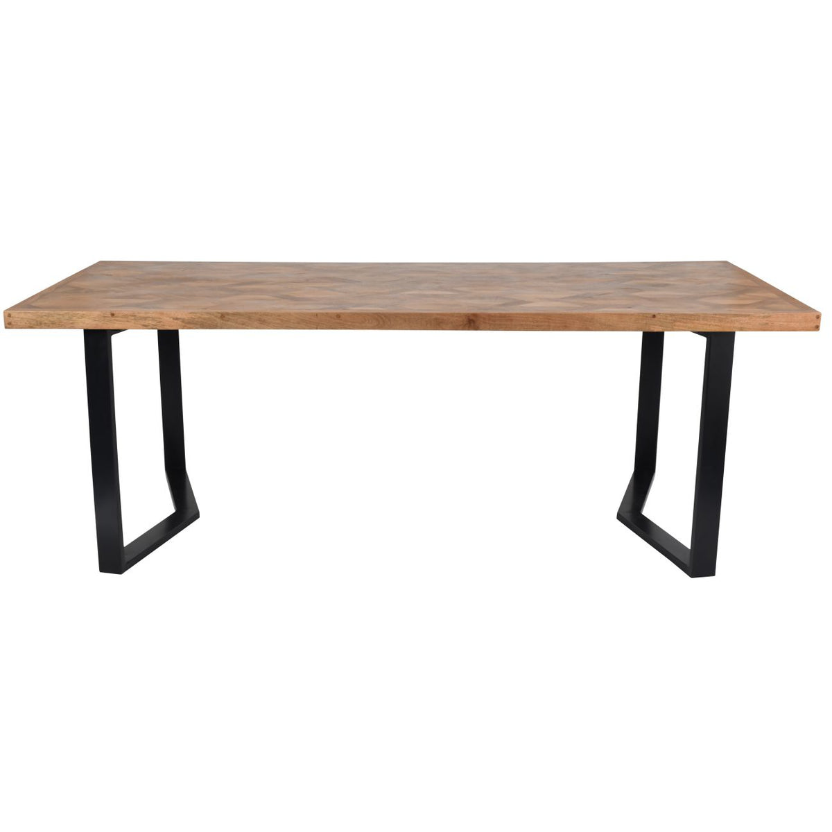 Front view along the long side of the wooden dining table, showing its straight edge and open black leg frames.