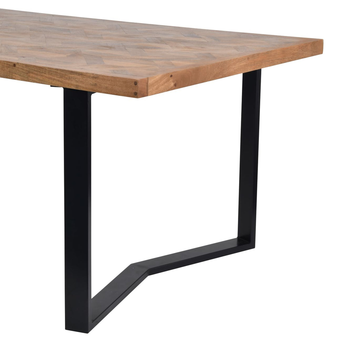 Detail of the wooden tabletop edge and a black metal leg frame with an angled section in its lower bar.