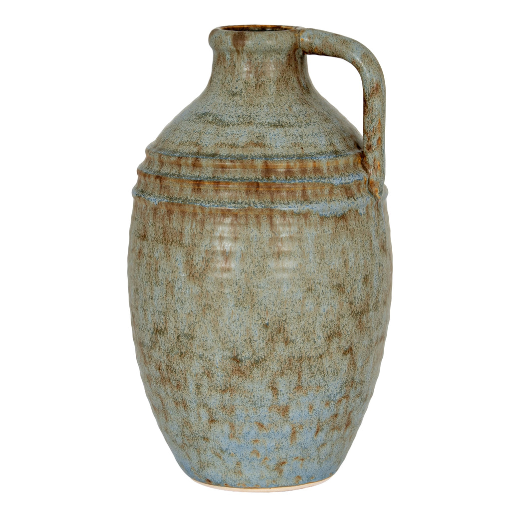 Full view of the Highhandle Shoulderbands Vase, showing its oval bottle body, narrow neck, high loop handle and mottled blue-grey and brown finish.