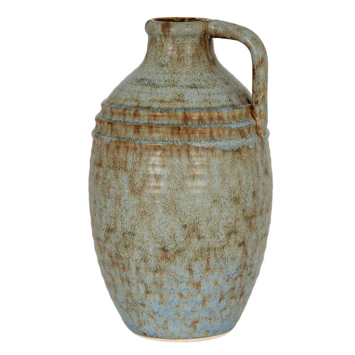 Full view of the Highhandle Shoulderbands Vase, showing its oval bottle body, narrow neck, high loop handle and mottled blue-grey and brown finish.