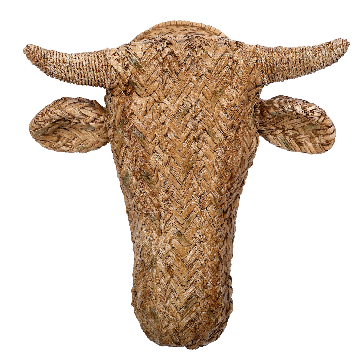 Front view of the brown Highland bull wall sculpture with broad ears, outward-reaching horns and a raised plait-like surface.
