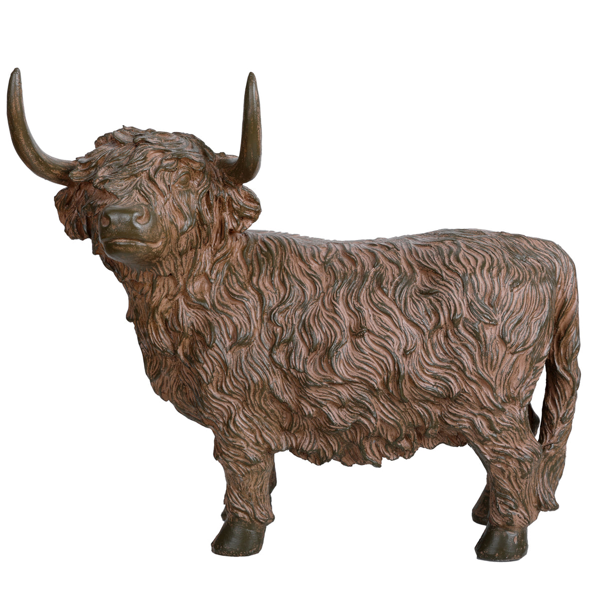 Highland cow sculpture with its body extending to the right and face turned towards the viewer, showing sweeping horns and a wavy rust-brown coat.