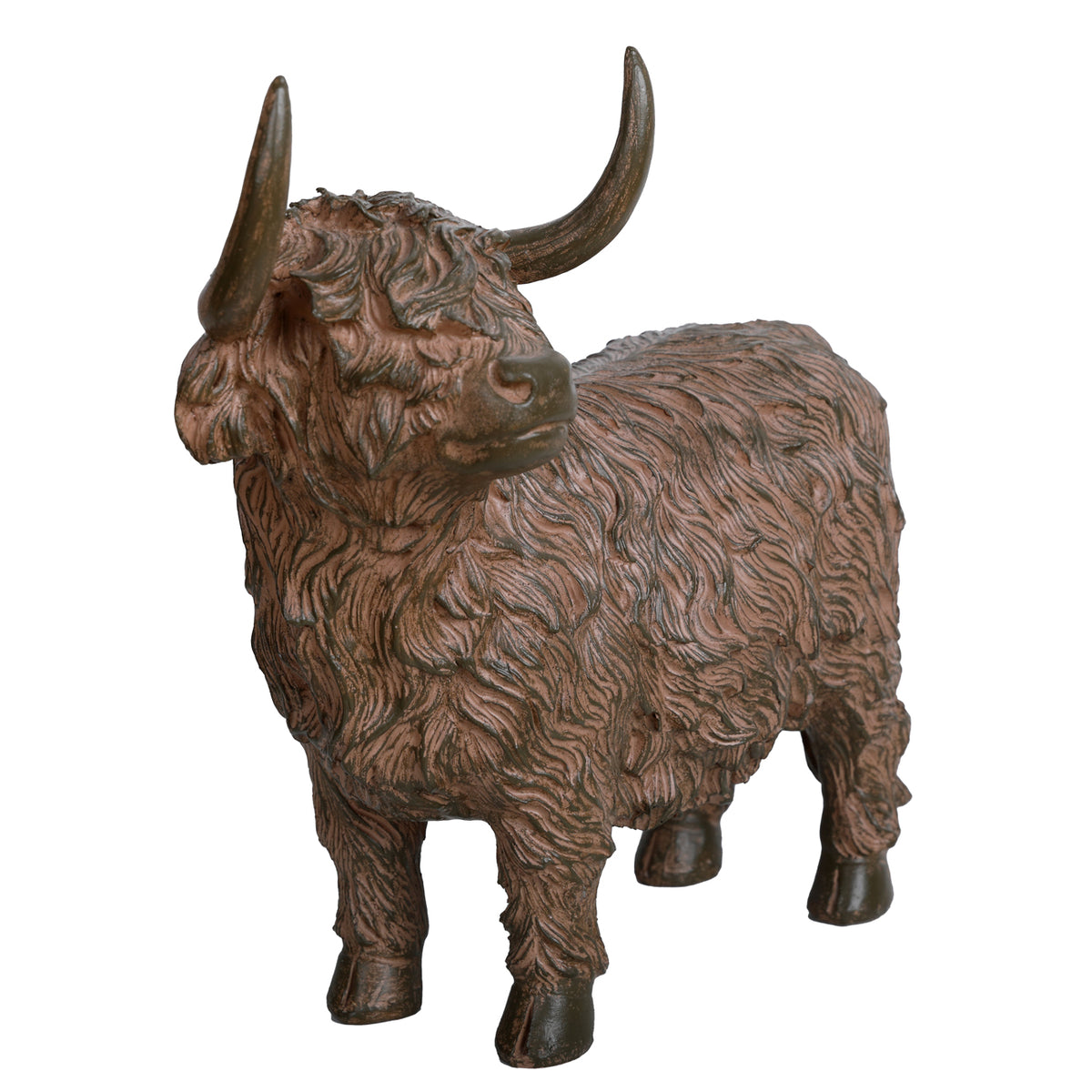 Front three-quarter view of the Highland cow sculpture showing its broad chest, four legs and dark muzzle beneath a thick forelock.