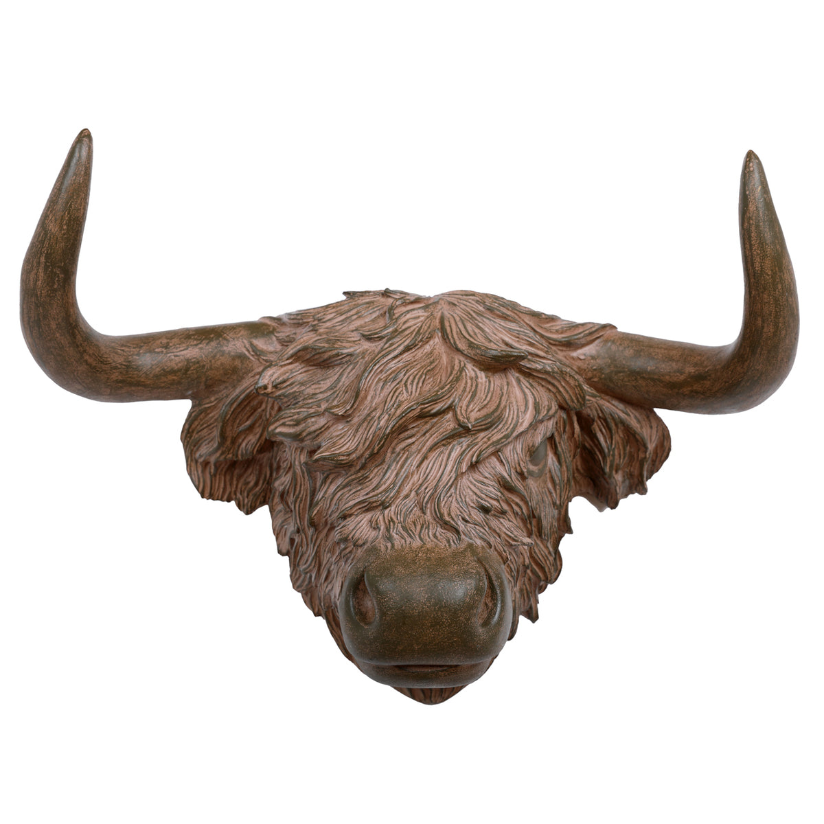 Front view of the rust-brown Highland cow head wall panel, with wide upward-curving horns and a shaggy fringe.