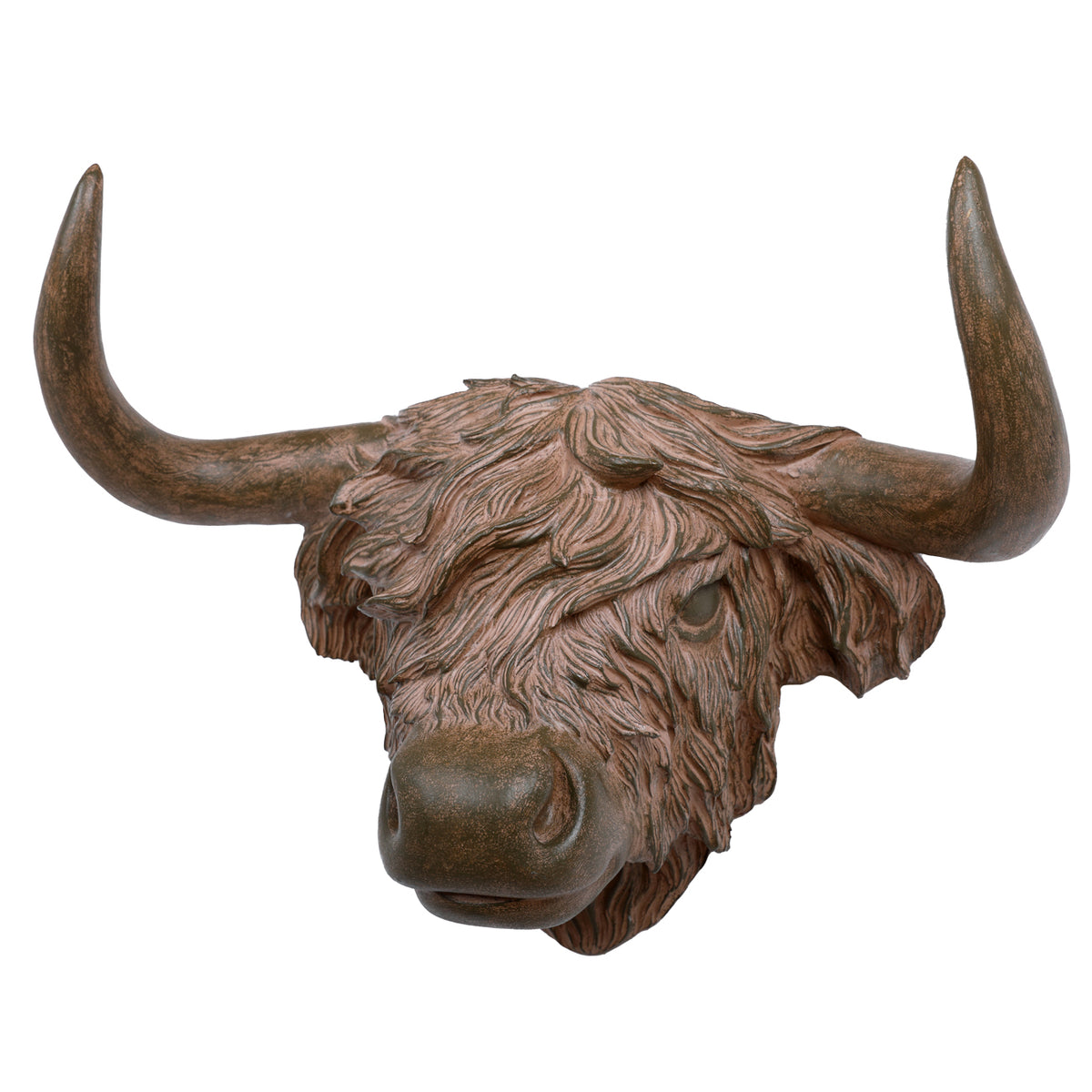 Angled view of the Highland cow head wall panel showing the projecting muzzle, layered hair and broad horns.