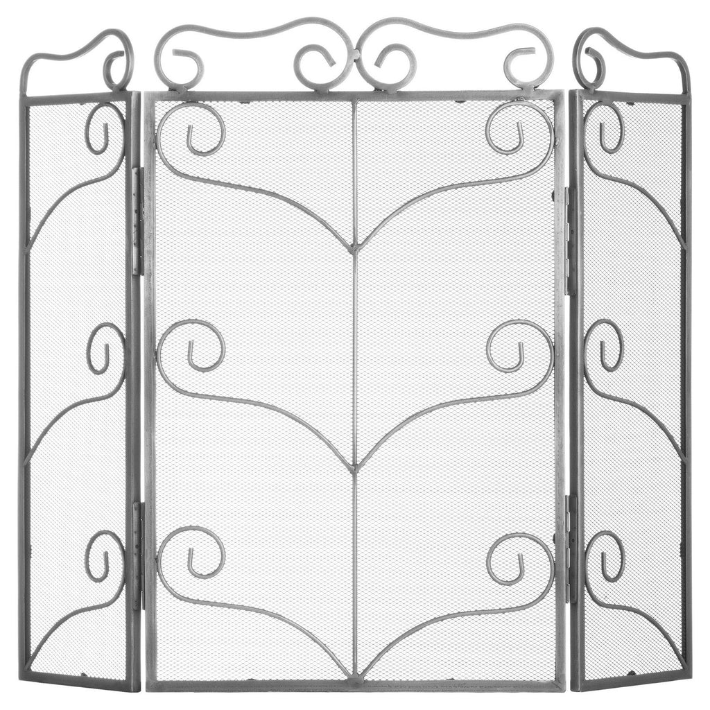 Grey fire screen on a white background, with a wide mesh centre panel, two angled side panels and repeated scroll decoration.