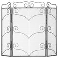 Grey fire screen on a white background, with a wide mesh centre panel, two angled side panels and repeated scroll decoration.