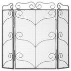 Grey fire screen on a white background, with a wide mesh centre panel, two angled side panels and repeated scroll decoration.