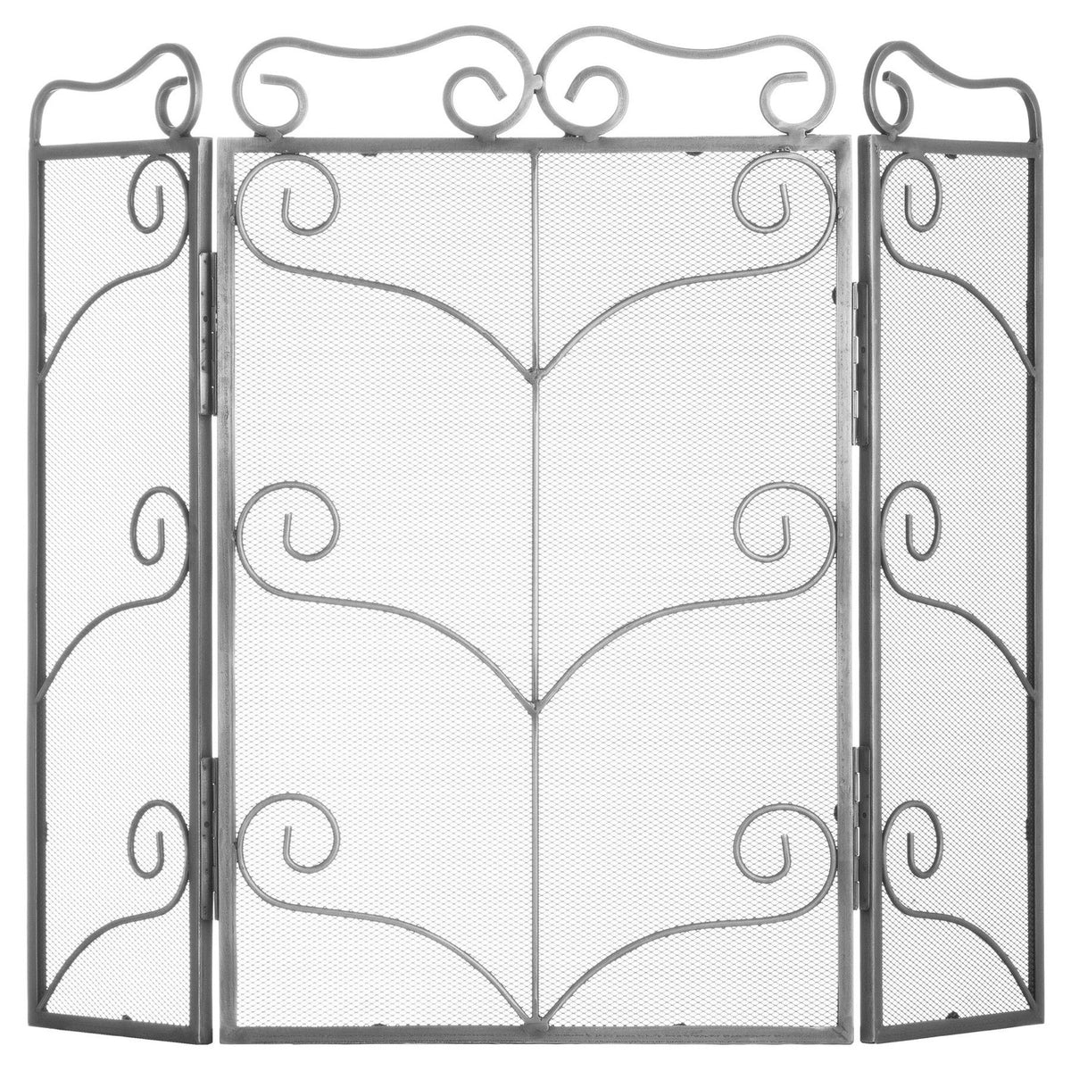 Grey fire screen on a white background, with a wide mesh centre panel, two angled side panels and repeated scroll decoration.