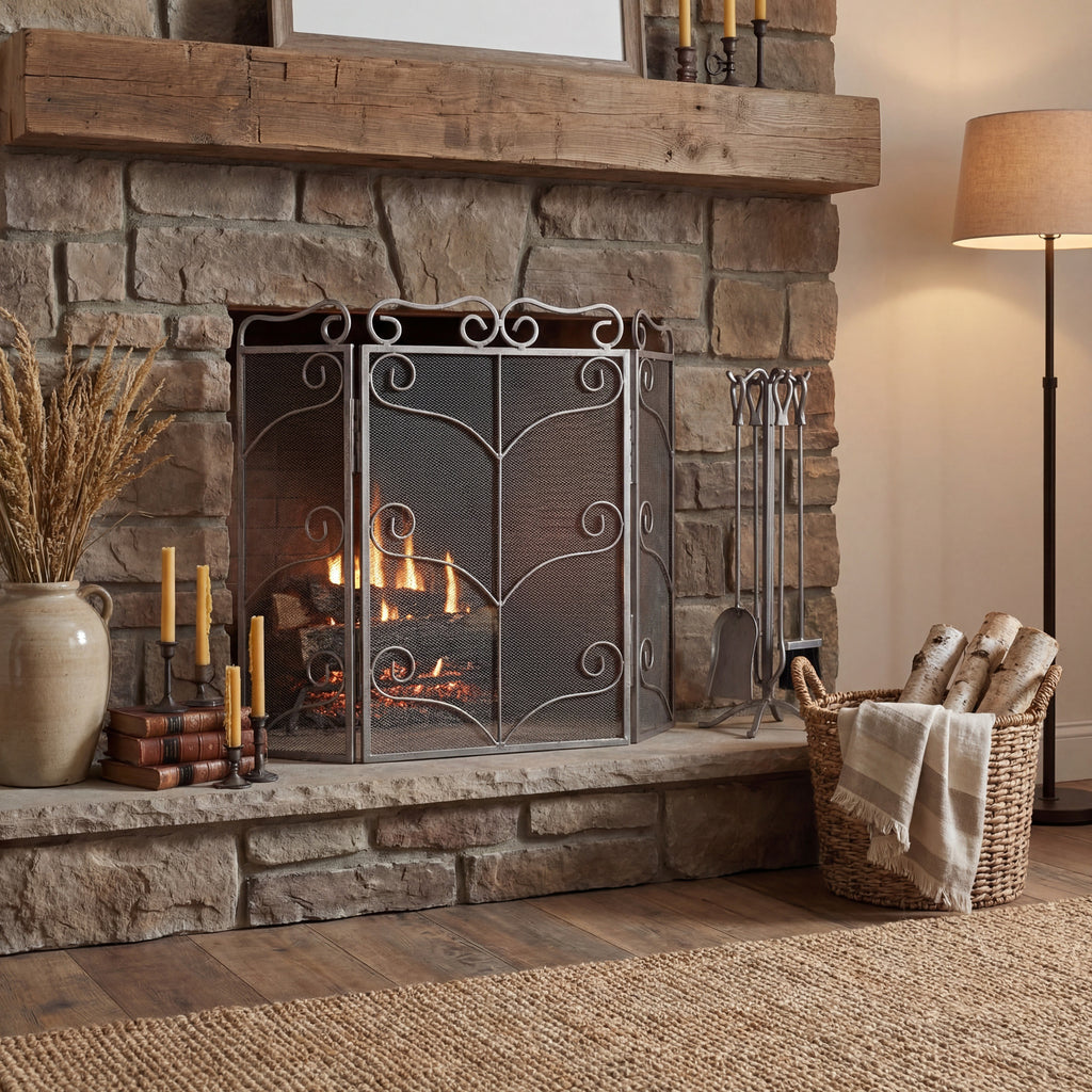 Scroll fire screen in front of a lit stone fireplace beneath a timber mantel, styled with candles, a ceramic vase, fireside tools and a basket of logs.