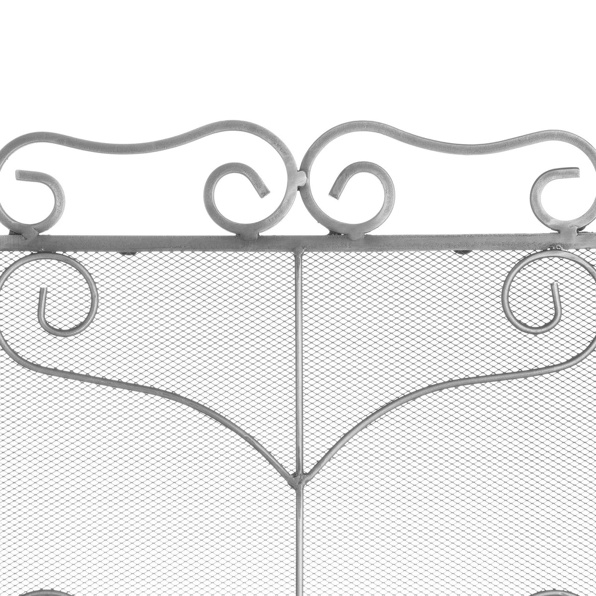 Close-up of the fire screen's curved top crest and mirrored scrolls over fine diamond-pattern mesh.
