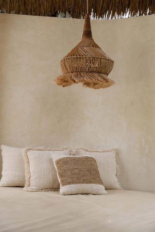 Hippy Tipi Abaca Pendant Light – Natural, Large — suspended above a bed