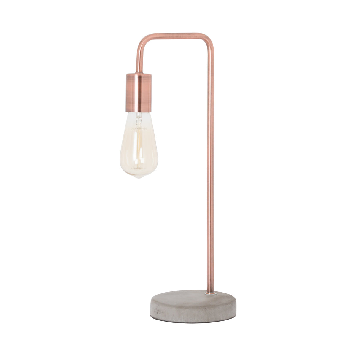 Holder Frame Table Lamp shown with a clear teardrop bulb beneath the copper-toned holder, above a low circular grey base.