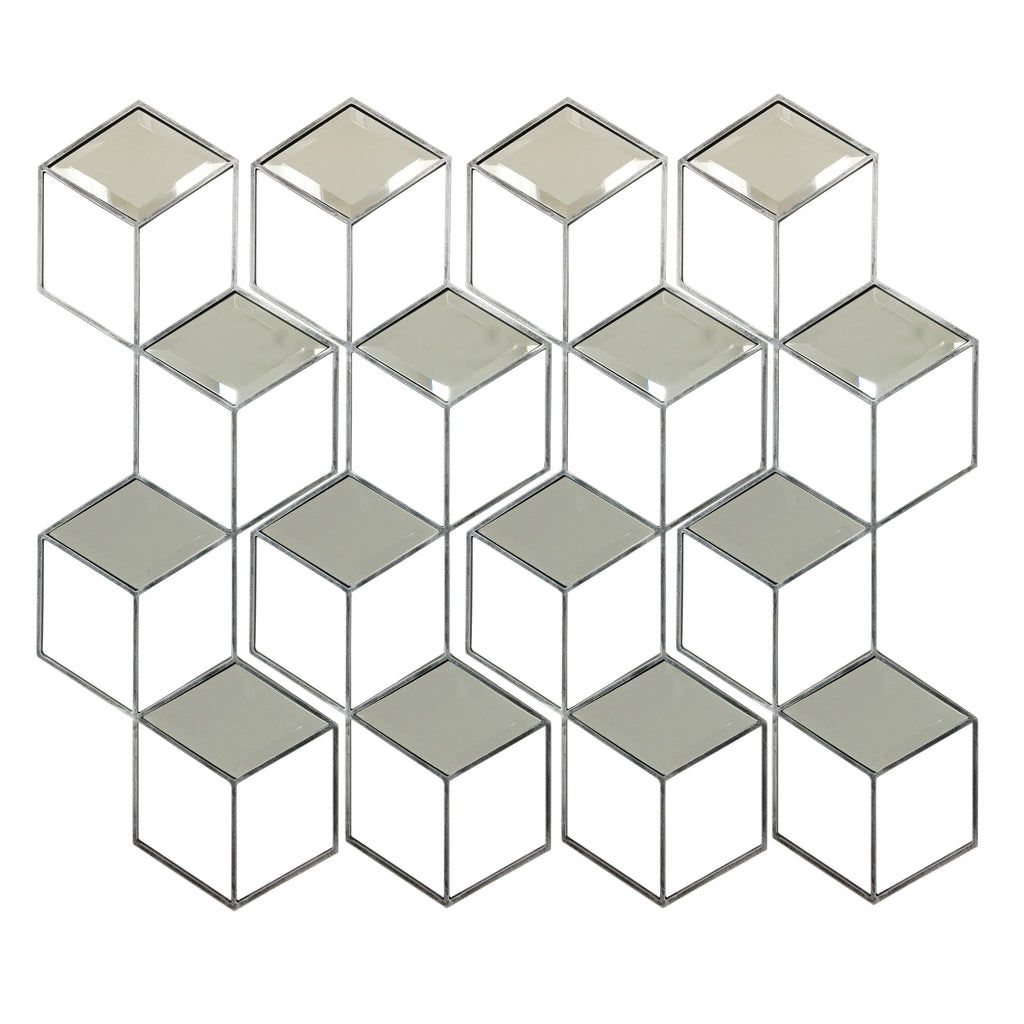 Four honeycomb mirror panels arranged side by side, with grey open frames and mirrored diamonds forming a repeating cube pattern.