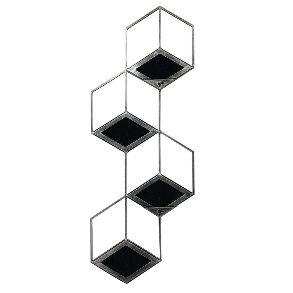 Rear view of one tall honeycomb panel, showing four linked hexagonal frames, dark diamond-shaped mirror backs and keyhole openings.