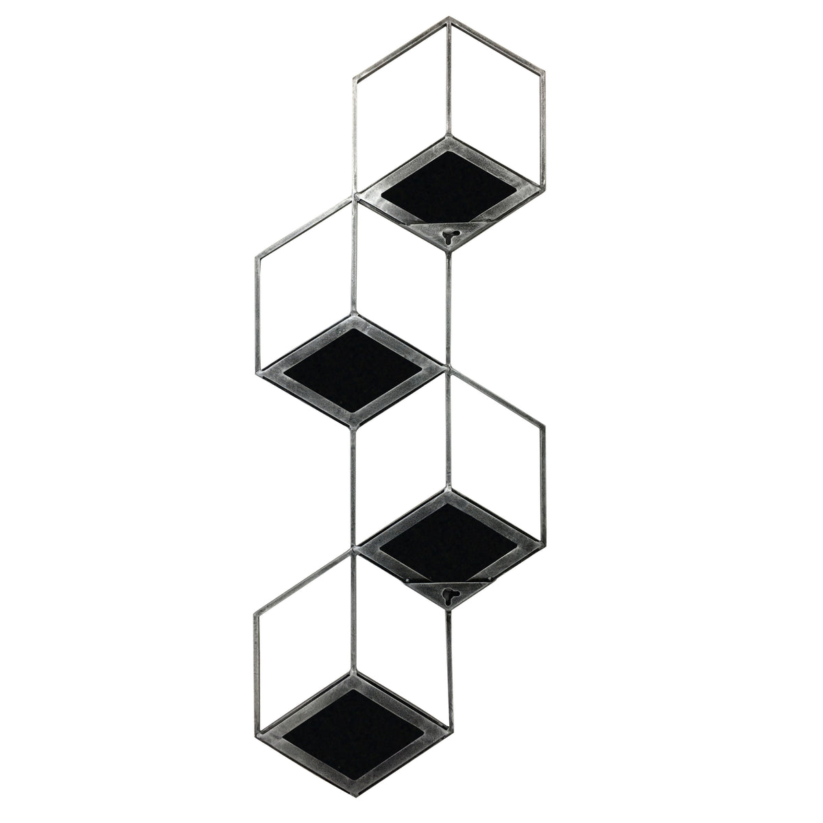 Rear view of one tall honeycomb panel, showing four linked hexagonal frames, dark diamond-shaped mirror backs and keyhole openings.