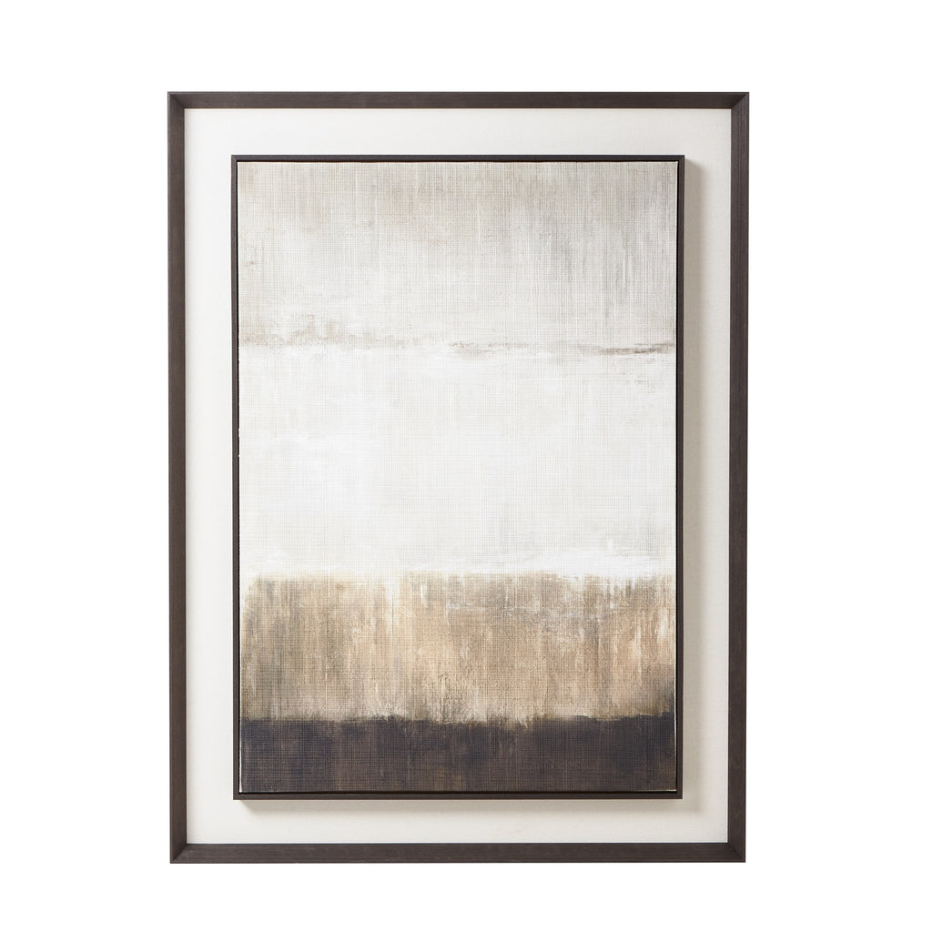 Front view of Horizontal Fields Framed Artwork, with pale abstract bands above warm brown and charcoal, surrounded by a wide pale mount and dark frames.