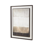 Angled view of the portrait abstract artwork showing the dark outer frame, pale mount and projecting inner border around its neutral colour fields.