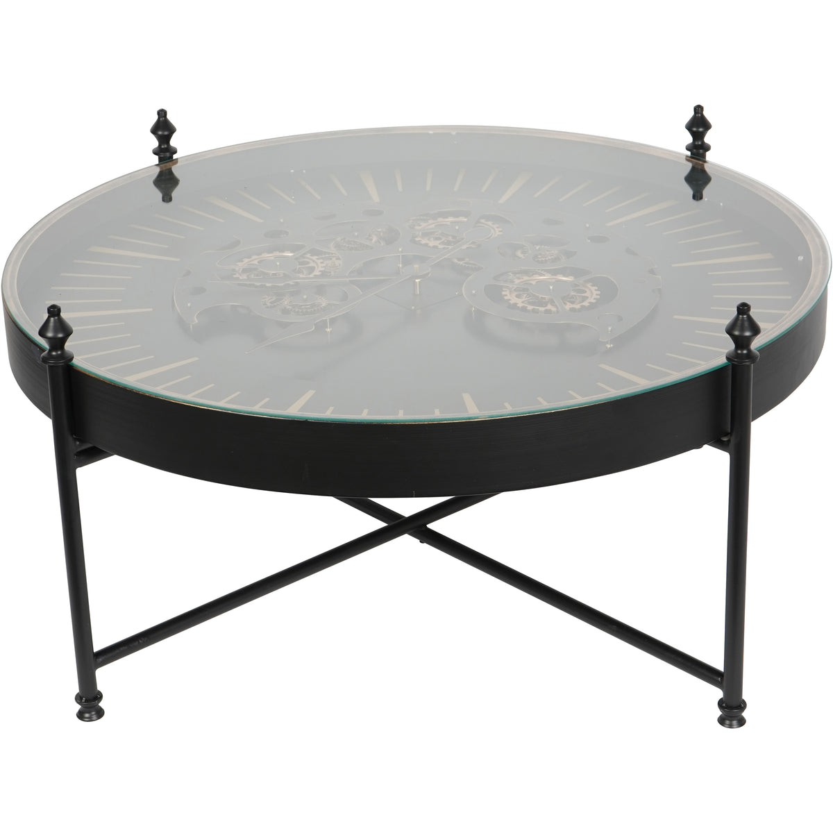 Angled view of the round glass clock table with a deep black case, finial-topped posts and crossed stretchers.