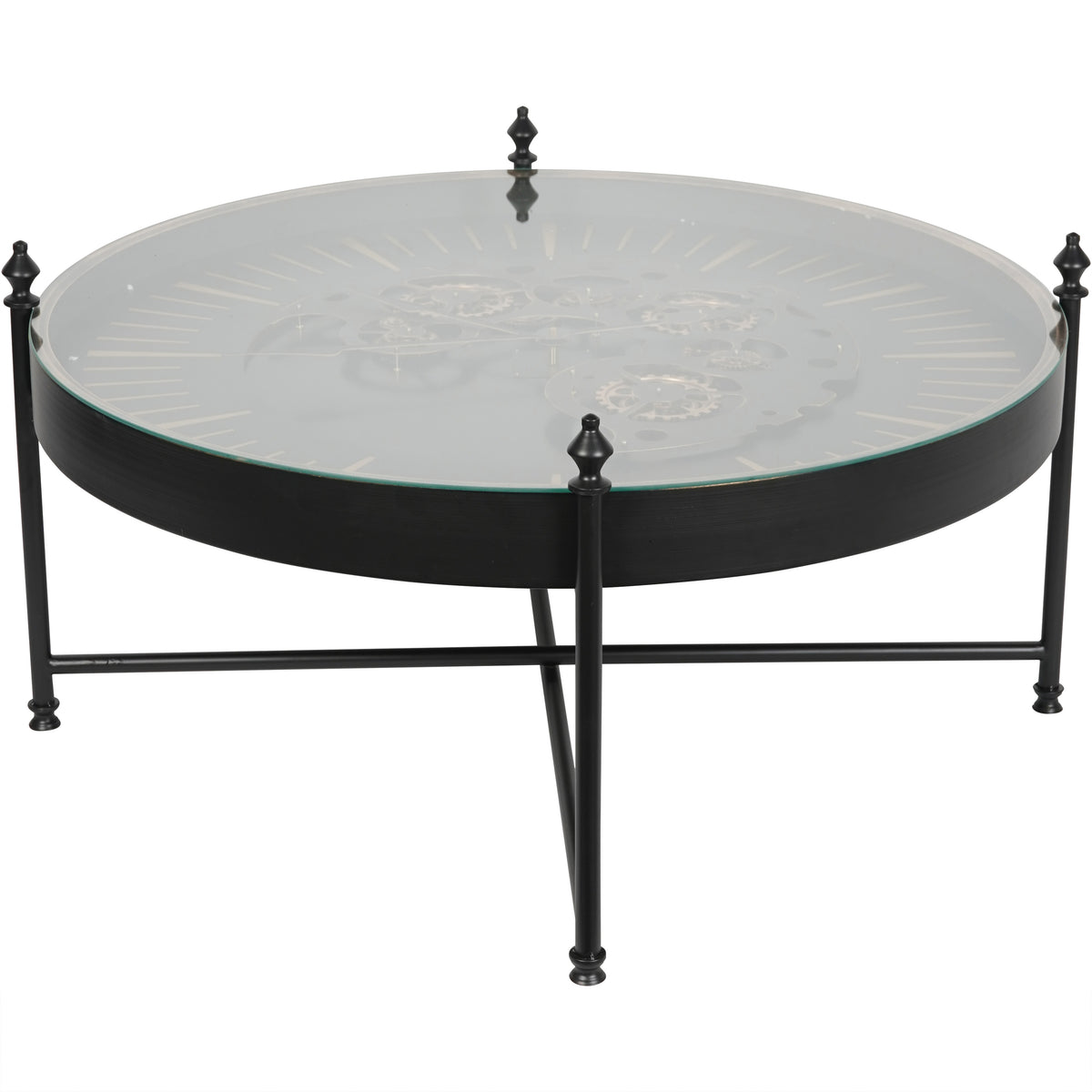 Clock table viewed with one black leg in the foreground, showing the glass top and open metal base.