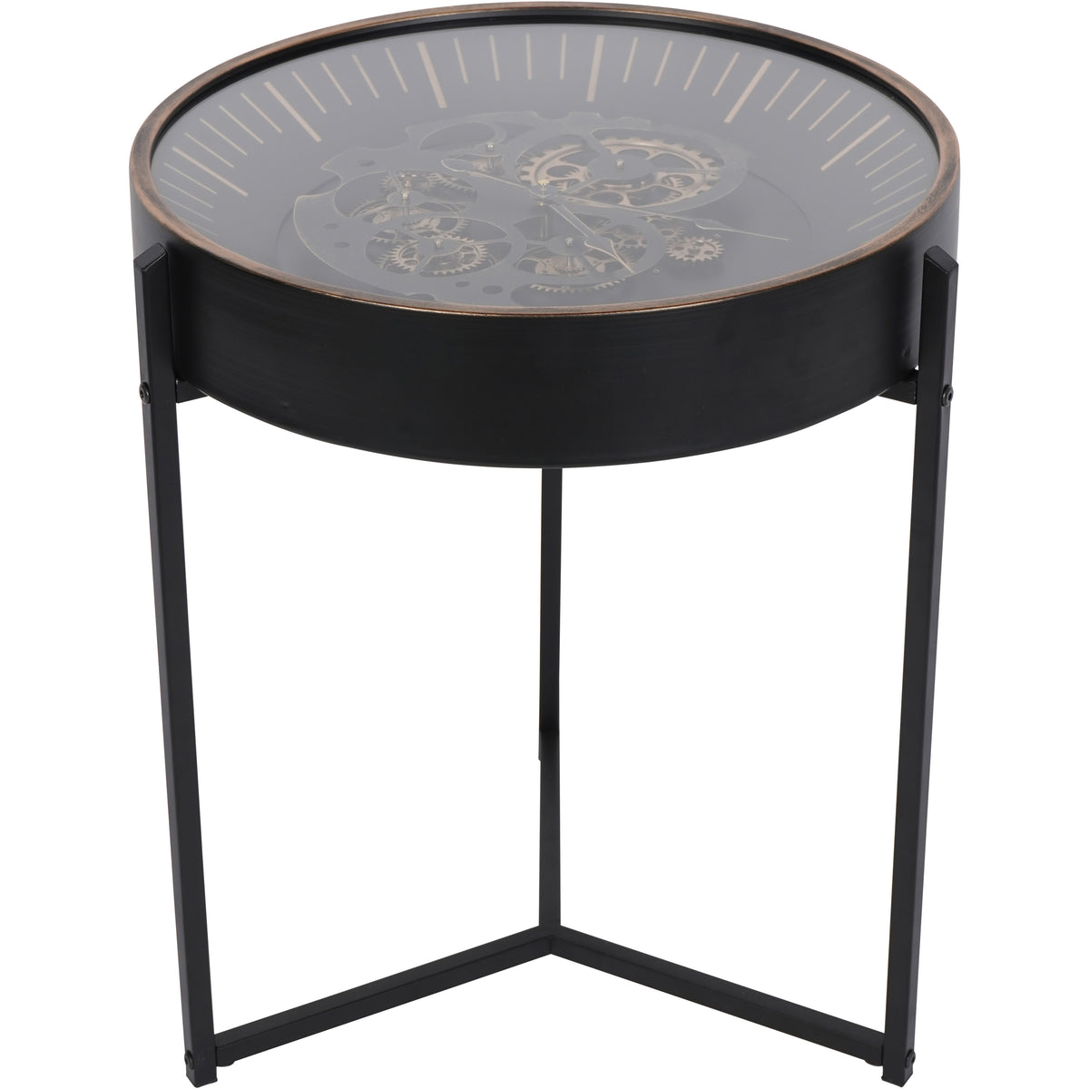 Angled view of the black and gold clock side table with a glass top, three slim legs and lower triangular bracing.