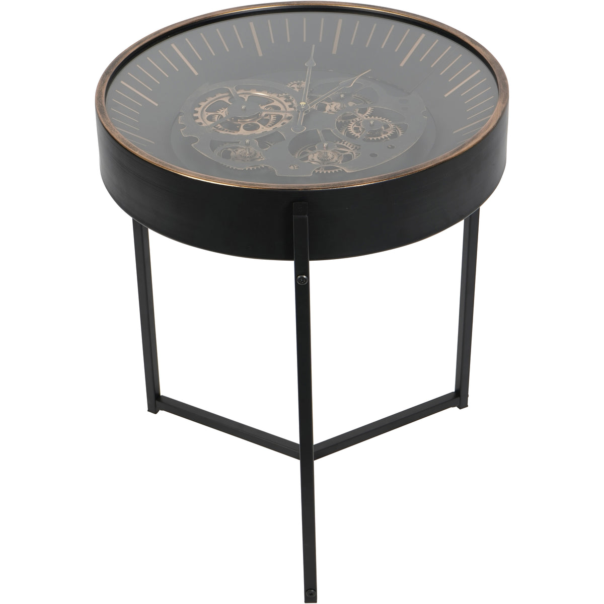 Clock side table viewed from another angle, with one leg facing forwards and the gold-toned dial visible beneath glass.