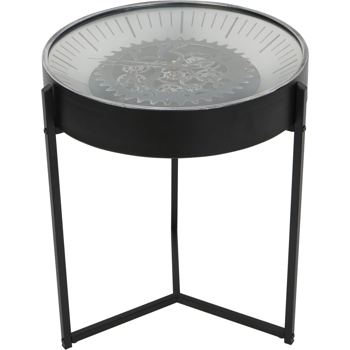 Angled view of the Horologe side table showing its glass clock top, deep black case and three legs with low braces.