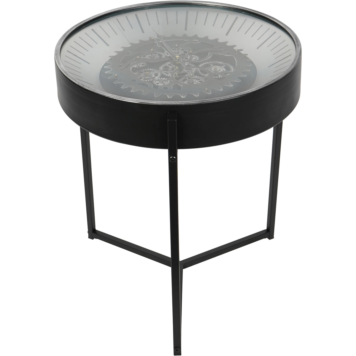 Horologe side table viewed with one leg facing forwards, showing the circular clock top and open black frame.