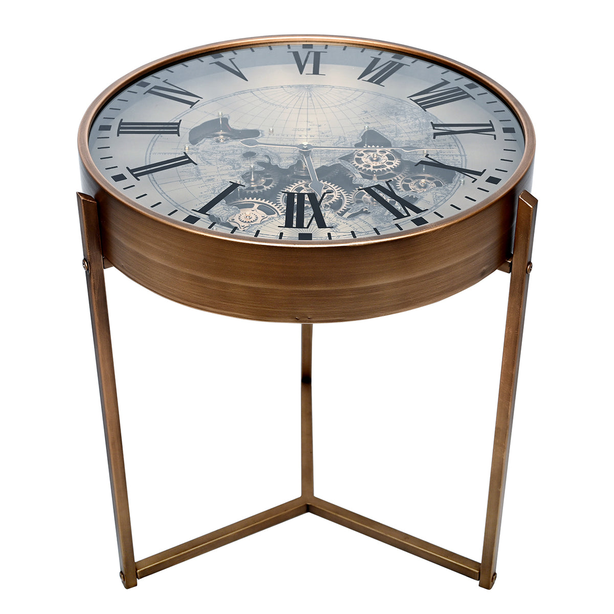 Elevated view showing the world-map clock face, black Roman numerals and exposed cogs beneath the glass tabletop.