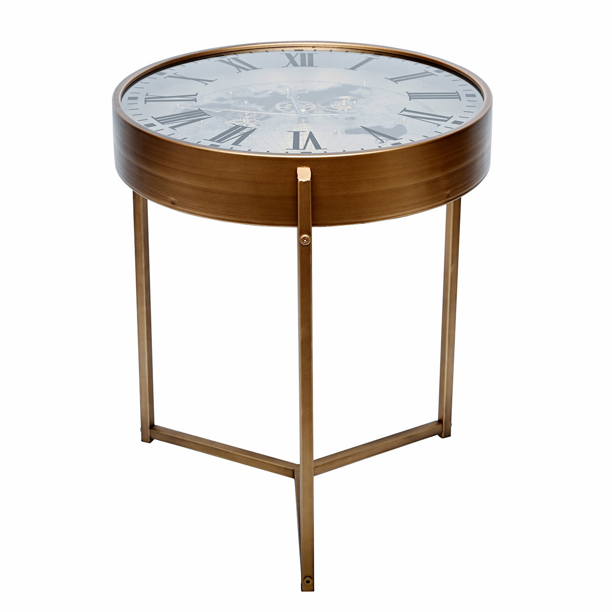 Angled view of the round clock side table with an antique-gold rim, clear glass top and three slender legs.