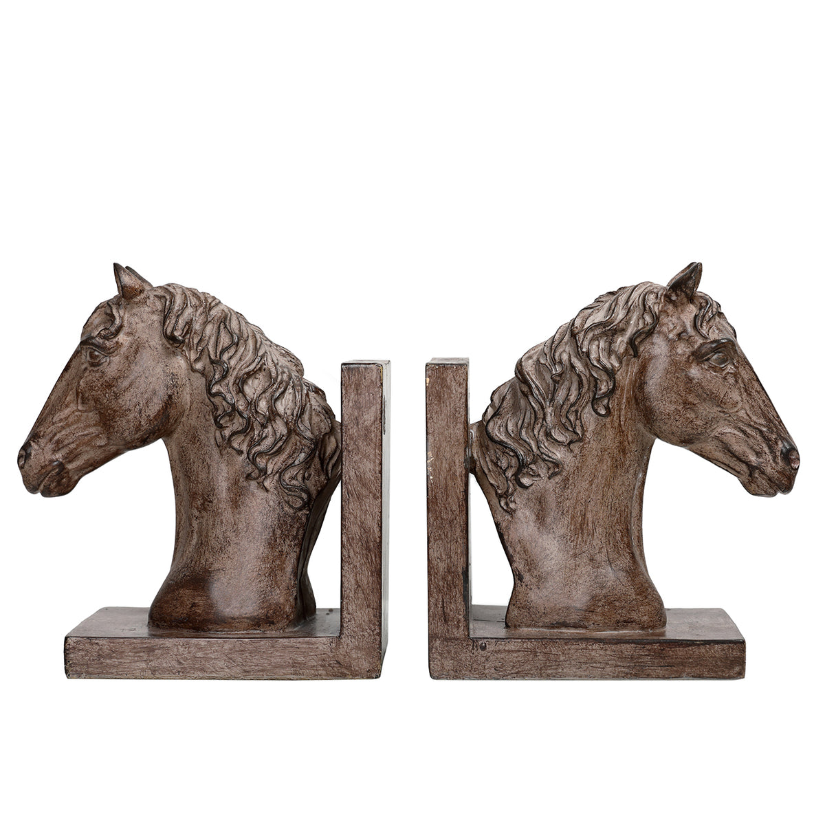 Pair of brown and taupe horse bookends in outward-facing profile, with sculpted manes and L-shaped supports.