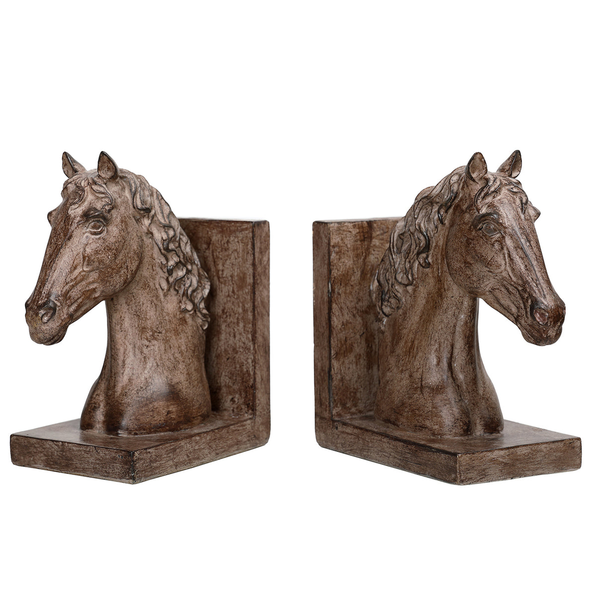 Three-quarter view of both horse bookends showing the faces, rectangular bases and upright backplates.
