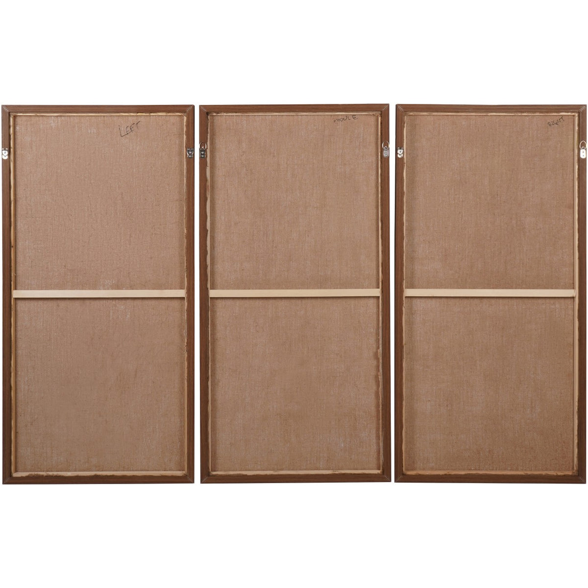 Rear view of all three panels, showing fabric backs, horizontal support bars and two small fittings near the top of each frame.