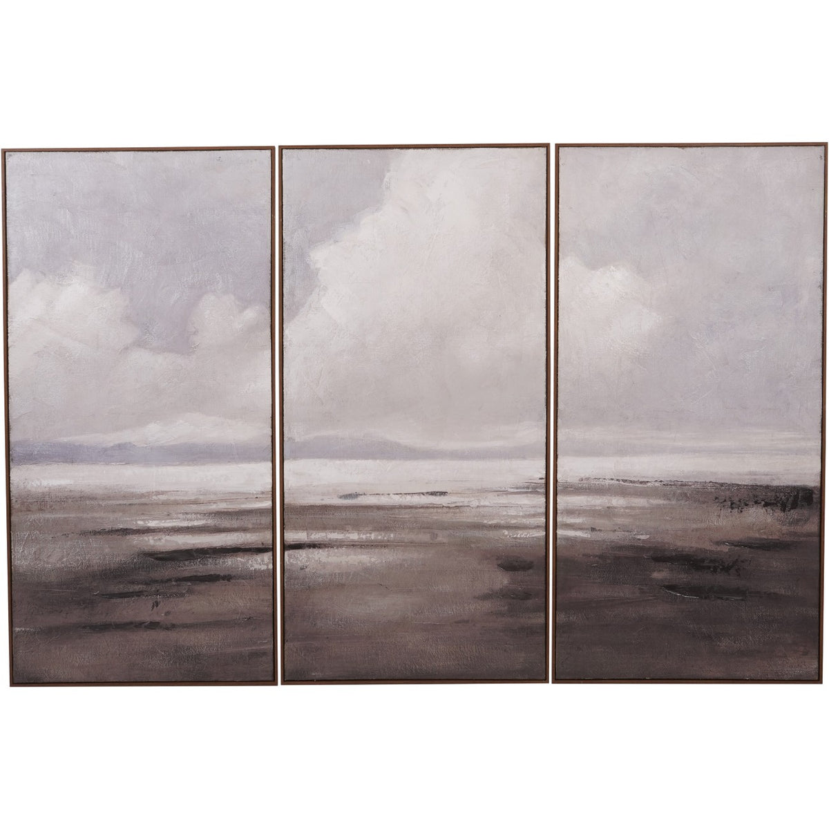 Front view of three framed portrait panels forming a shoreline scene beneath pale clouds, with dark textured marks in the foreground.