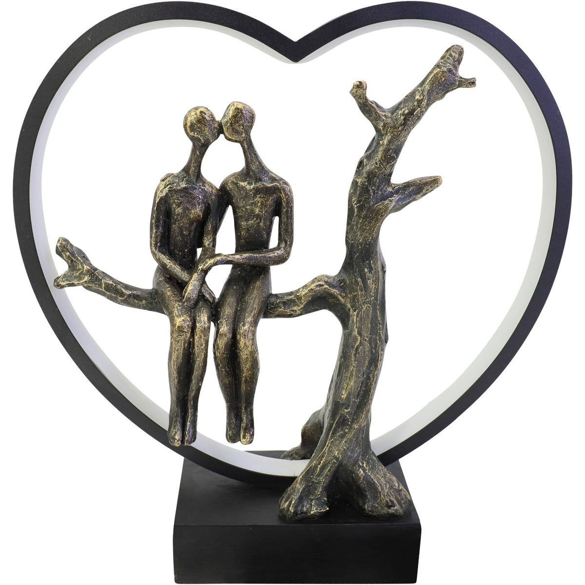 Unlit front view showing the figures’ touching heads and linked arms within the black heart frame and white inner diffuser.