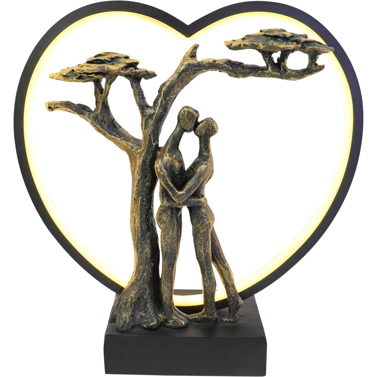 Front view of embracing figures beneath a tree inside an illuminated black heart frame on a rectangular base.