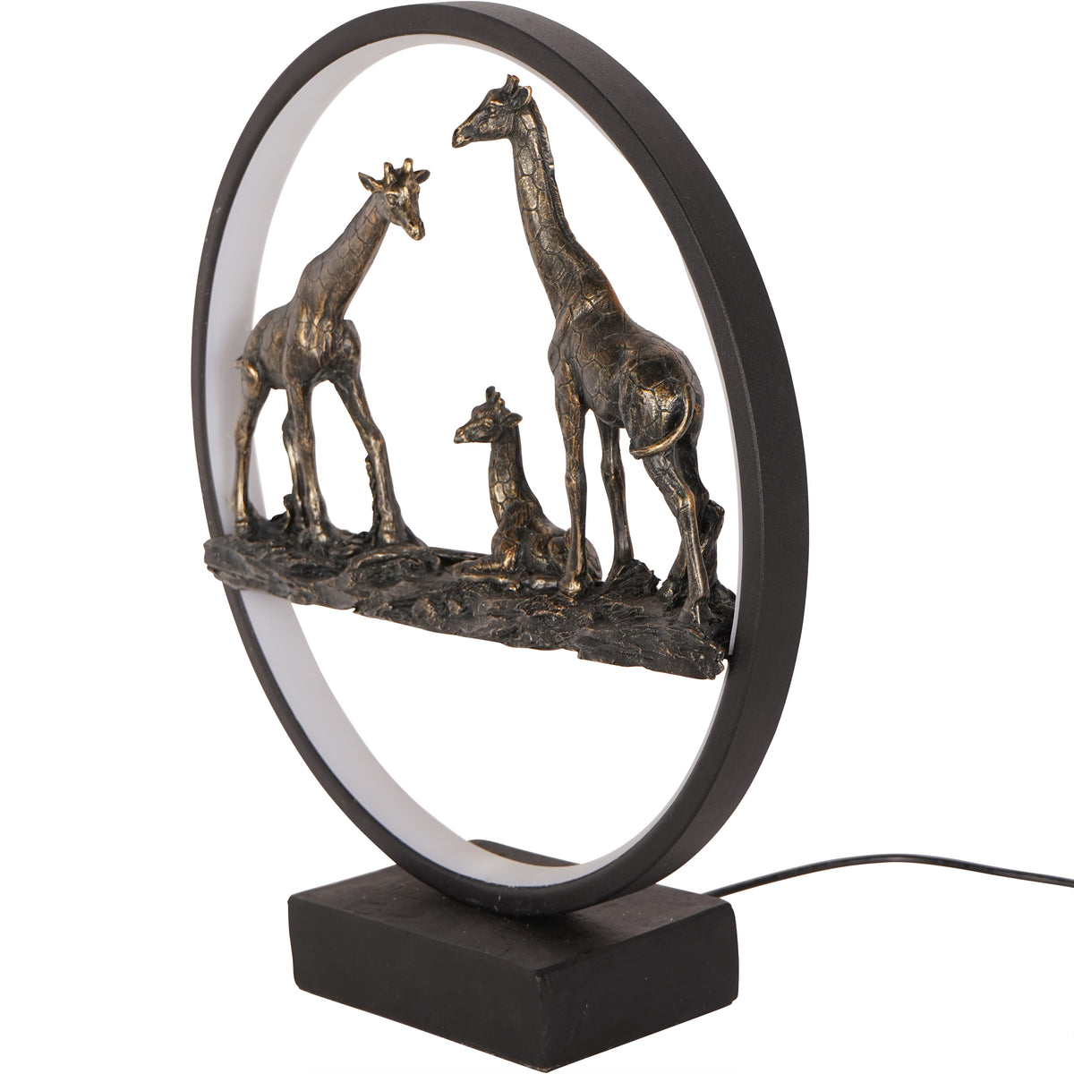 Angled view showing the depth of the circular frame and the giraffe figures projecting above textured ground.