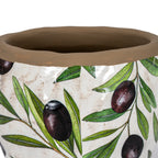 Close-up of the planter's broad brown rim and glossy olive-branch pattern, showing fine leaf outlines and pale markings across the off-white surface.