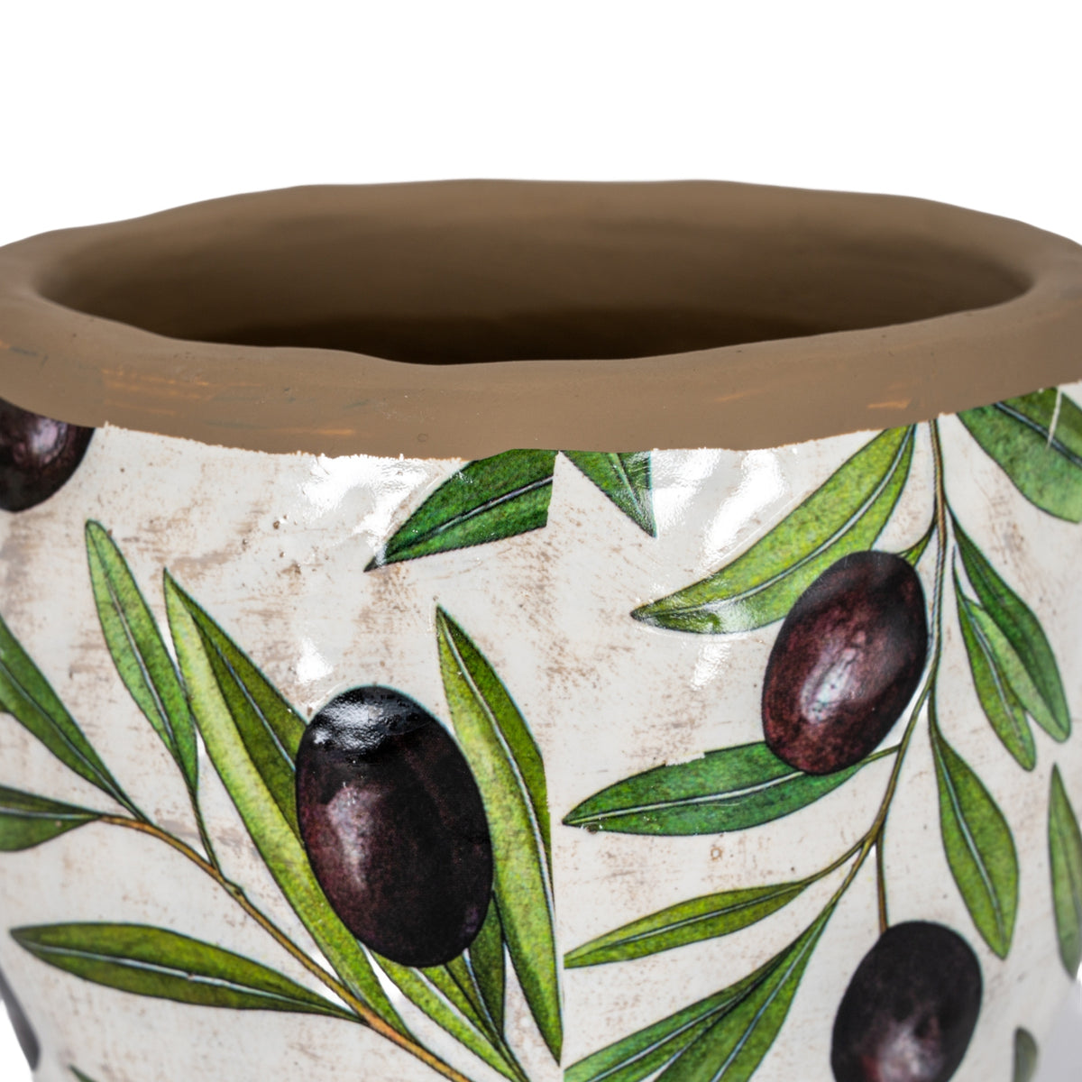 Close-up of the planter's broad brown rim and glossy olive-branch pattern, showing fine leaf outlines and pale markings across the off-white surface.