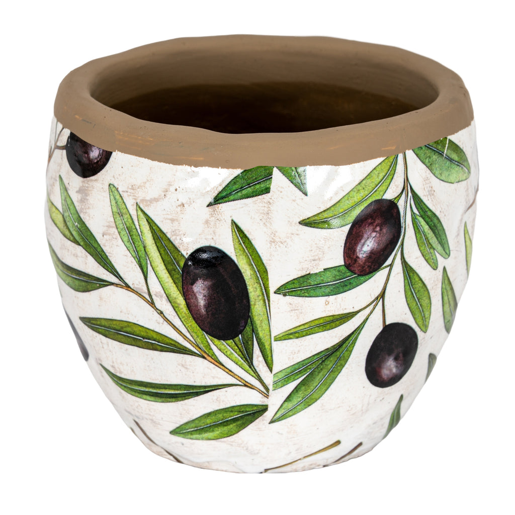 Rounded off-white planter with illustrated green olive leaves and dark fruit, an uneven brown rim and a gently tapered base.