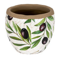 Rounded off-white planter with illustrated green olive leaves and dark fruit, an uneven brown rim and a gently tapered base.