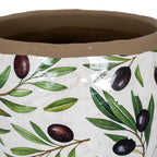 Close-up of the planter’s brown rim and glossy olive-branch pattern, showing fine pale markings behind the green leaves and purple-brown fruit.
