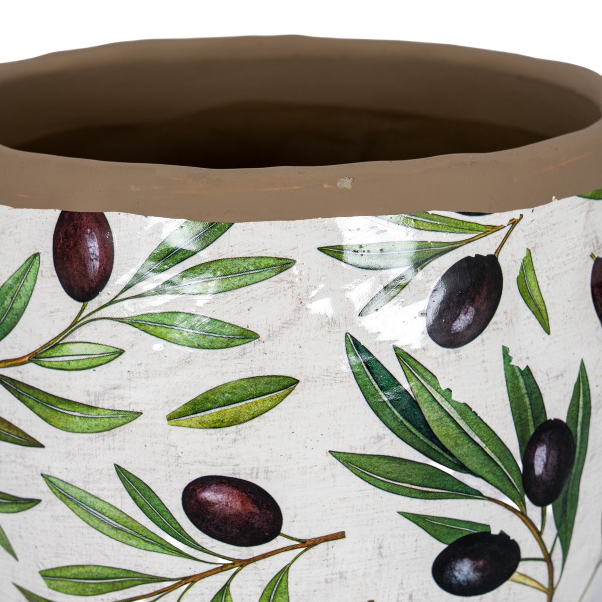 Close-up of the planter’s brown rim and glossy olive-branch pattern, showing fine pale markings behind the green leaves and purple-brown fruit.