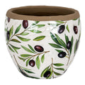Rounded off-white planter covered in illustrated green olive leaves and dark olives, with a broad opening and uneven brown rim.