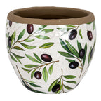 Rounded off-white planter covered in illustrated green olive leaves and dark olives, with a broad opening and uneven brown rim.