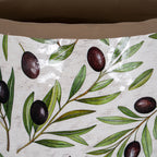 Close-up of the planter's uneven brown rim above glossy olive illustrations, showing fine leaf outlines and pale brush-like markings on the off-white background.